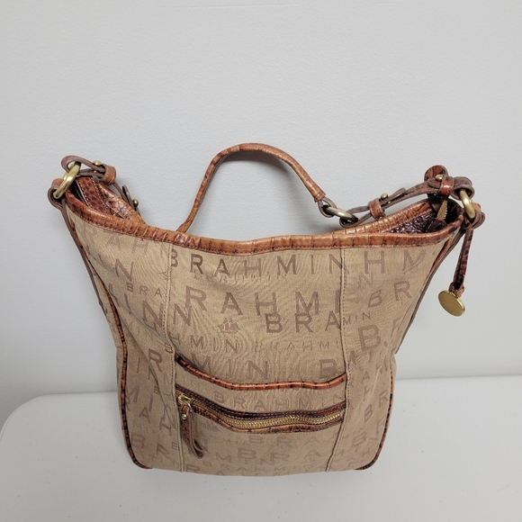 Brahmin Monogram Tan And Brown Canvas Croc Leather Shoulder Bag. - Picture 2 of 16